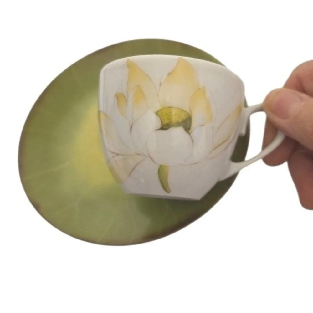 Porcelaine de Sologne Limoges Lotus Flower Espresso Cup and Saucer‎ France White